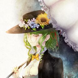 1girl absurdres artist_name black_hat black_jacket blue_flower bow bowtie breasts closed_eyes closed_mouth commentary commentary_request english_commentary flower flower_request frilled_umbrella frills green_hair hair_ribbon hat hat_flower highres holding holding_umbrella jacket kazami_yuuka large_breasts mixed-language_commentary nywerya open_clothes open_jacket parasol red_nails red_ribbon ribbon ringlets round_eyewear shirt short_hair sidelocks solo sunflower touhou umbrella upper_body white_flower white_shirt white_umbrella yellow-framed_eyewear yellow_bow yellow_bowtie yellow_flower