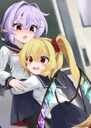 2girls :d :o akisome_hatsuka alternate_costume bat_wings black_pantyhose blonde_hair blue_sailor_collar blue_skirt blush chalkboard commentary_request commission fang flandre_scarlet hair_intakes hair_ornament hair_scrunchie hug long_hair long_sleeves multiple_girls neckerchief open_mouth panties pantyhose pantyshot pleated_skirt pointy_ears purple_hair red_eyes red_neckerchief remilia_scarlet sailor_collar school_uniform scrunchie shirt short_hair siblings sisters skeb_commission skirt smile touhou underwear white_panties white_shirt wings