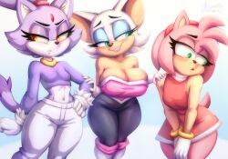 3girls adapted_costume amy_rose animal_ear_fluff animal_ears animal_nose annoyed arm_at_side artist_name averting_eyes azuretto bare_shoulders bat_ears bat_girl black_bodysuit blaze_the_cat blue_background blue_eyes blush bob_cut bodysuit boots breasts cat_ears cat_girl cat_tail cleavage closed_mouth collarbone cowboy_shot crop_top dress dress_tug elbow_gloves embarrassed female_focus forehead_jewel fur-trimmed_sleeves fur_trim furry furry_female gem gloves green_eyes grin hair_tie hand_on_another&#039;s_arm hand_on_another&#039;s_shoulder hand_on_own_hip hands_up happy huge_breasts lipstick long_sleeves looking_to_the_side makeup midriff multiple_girls navel open_mouth orange_eyes own_hands_together pants pink_hair pink_lips pink_trim purple_hair purple_shirt raised_eyebrows red_dress red_gemstone rouge_the_bat shirt short_dress short_hair shy sidelocks sideways_mouth signature simple_background sleeveless sleeveless_dress small_breasts smile sonic_(series) standing stomach tail teeth thick_thighs thigh_boots thighs topknot twitter_x_logo v-shaped_eyebrows v_arms white_boots white_gloves white_hair white_pants white_trim wide_hips