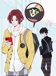 Rule 34 | amamiya ren, bag, bird, black hair, cat, glasses, highres, hood, hoodie, ikuya kawaii, jacket, joker (persona 5), kamishiro nagisa, lufel (p5x), messy hair, morgana (persona 5), owl, pants, persona, persona 5, persona 5: the phantom x, phone, red eyes, red hair, school bag, school uniform, wonder (p5x)
