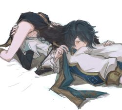 2boys 69 asymmetrical_bangs blue_hair bulge_to_face changpao chinese_clothes chongyun_(genshin_impact) clothed_sex earrings frilled_shirt frilled_sleeves frills genshin_impact highres jewelry lying male_focus messy_hair multiple_boys oral shirt simple_background thighs tuhuoooo white_background xingqiu_(genshin_impact) yaoi yellow_eyes