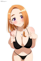 1girl absurdres bare_shoulders bent_over bikini black_bikini blush breasts cleavage closed_mouth collarbone earrings hanging_breasts highres jewelry large_breasts leaning_forward looking_at_viewer magazine_scan medium_hair megami_magazine midriff navel necklace official_art orange_hair purple_eyes scan shiunji-ke_no_kodomotachi shiunji_banri simple_background smile solo stud_earrings swimsuit thick_eyebrows thighs white_background