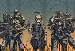 1girl 4others ammunition_pouch assault_rifle black_halo blue_archive bulletproof_vest finger_gun gloves goggles grenade_launcher gun halo helmet highres holding holding_weapon humanoid_robot kaiser_pmc_mercenary_(blue_archive) kaiser_pmc_robot_mercenary_(blue_archive) m203 m4_carbine military_uniform multiple_others optical_sight parabellum pouch rifle robot tactical_clothes triangle_halo underbarrel_grenade_launcher weapon