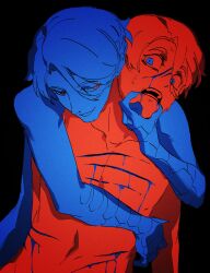 2boys :d arm_around_waist black_background bleeding blood blue_eyes blue_hair clone dual_persona forced_smile grabbing_another&#039;s_stomach grin highres hug hug_from_behind injury limited_palette looking_at_another multiple_boys multiple_scars nude open_mouth original palette_swap par0llel red_eyes red_hair scar scar_on_stomach short_hair smile spot_color wide-eyed