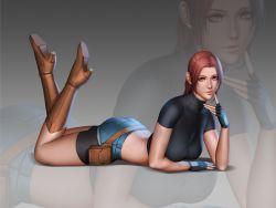 Rule 34 | 1girl, ass, audia pahlevi, bike shorts, breasts, capcom, claire redfield, crop top, denim, denim shorts, female focus, fingerless gloves, gloves, large breasts, legs up, looking at viewer, lying, on stomach, red hair, resident evil, resident evil 2, shorts, solo