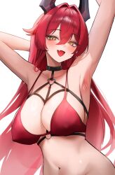 Rule 34 | 1girl, absurdres, alternate costume, armpits, arms up, bikini, breasts, cleavage, covered erect nipples, fang, goddess of victory: nikke, hair intakes, highres, horns, large breasts, long hair, maviss 03, mechanical horns, navel, open mouth, paid reward available, red bikini, red hair, red hood (nikke), simple background, skin fang, solo, stomach, swimsuit, upper body, very long hair, white background, yellow eyes