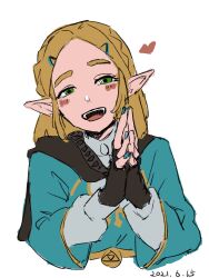 1girl 2021 :d black_gloves blonde_hair blue_nails braid crown_braid dated fingerless_gloves fingernails gloves green_eyes hair_ornament hairclip hands_up heart highres looking_at_viewer nail_polish nintendo open_mouth otsubo_kiko own_hands_together parted_bangs pointy_ears princess_zelda short_hair simple_background smile solo teeth the_legend_of_zelda the_legend_of_zelda:_tears_of_the_kingdom triforce upper_body upper_teeth_only white_background