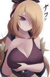 1girl blonde_hair breasts cleavage cynthia_(pokemon) grabbing_own_breast groping large_breasts long_hair looking_at_viewer naxless nintendo pokemon pokemon_dppt pokemon_masters_ex simple_background solo solo_focus sygna_suit_cynthia sygna_suit_cynthia_(aura) translation_request white_background