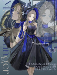 1girl absurdres adjusting_hair bare_shoulders black_dress black_hat blue_eyes bonnet breasts bug cleavage dress english_text feet_out_of_frame folded_fan folding_fan gloves grey_background grey_gloves grey_hair grin hand_fan hand_up hat highres holding holding_fan insect long_dress looking_at_viewer medium_breasts moth ms._grace_(reverse:1999) multiple_views parted_lips reverse:1999 see-through_cleavage see-through_clothes short_hair sidelocks sleeveless sleeveless_dress smile wu_fuzuoyong
