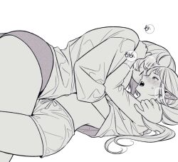 2girls blush commentary_request dungeon_meshi elf falin_touden falin_touden_(tallman) grabbing_another&#039;s_breast greyscale groping heavy_breathing korean_commentary korean_text long_hair long_sleeves looking_at_another lying mahittah marcille_donato medium_hair monochrome multiple_girls on_back open_mouth panties pointy_ears shirt shorts simple_background speech_bubble sweatdrop teeth tongue underwear upper_teeth_only white_background yuri