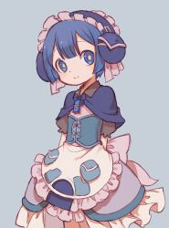 Rule 34 | 1boy, blue background, blue capelet, blue eyes, blue hair, capelet, choke (amamarin), closed mouth, commentary request, highres, looking at viewer, made in abyss, maid headdress, male focus, maruruk, short hair, short sleeves, simple background, smile, solo, trap, whistle, whistle around neck, yellow pupils