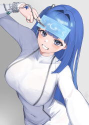 1girl absurdres arcana_(nikke) blue_eyes blue_hair card claws covered_navel dress full-length_zipper goddess_of_victory:_nikke grey_background highres nightgown sagle simple_background smile tarot tarot_card tight_clothes tight_dress white_nightgown zipper zipper_dress