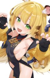 1girl absurdres animal_ear_fluff bell black_dress black_gloves blonde_hair breasts claw_pose clothing_cutout diamond_cutout dress fang fingerless_gloves gloves green_eyes highres jacket jingle_bell ju_fufu long_sleeves looking_at_viewer navel navel_cutout pelvic_curtain puffy_long_sleeves puffy_sleeves simple_background skin_fang small_breasts solo weimiaw white_background yellow_jacket zenless_zone_zero
