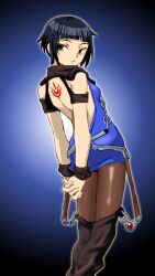 Rule 34 | 1girl, back tattoo, backless dress, backless outfit, black hair, blue dress, breasts, brown pantyhose, closed mouth, dress, kagerou: kokumeikan shinshou, lips, looking at viewer, millennia, onnaski, pantyhose, short hair, sideboob, simple background, skirt, solo, tattoo