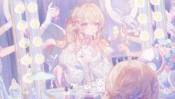 Rule 34 | 1girl, 3others, \||/, applying makeup, blonde hair, blue eyes, blue nails, blurry, blush, bow, bracelet, chinese commentary, collarbone, commentary, commission, depth of field, dress, earrings, elf, eyelashes, gloves, hair between eyes, hair bow, hair brush, hair ornament, hairclip, hairdressing, hand up, highres, holding, holding hair brush, indie virtual youtuber, indoors, jewelry, keri.lu, lips, long hair, long sleeves, looking at mirror, mirror, mixed-language commentary, multiple others, nail polish, neck ribbon, parted lips, pointy ears, puffy long sleeves, puffy sleeves, red bow, reflection, ribbon, ring, sitting, solo focus, umehara sei, upper body, virtual youtuber, white bow, white dress, white gloves, white ribbon