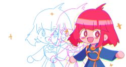 absurdres blue_robe blush blush_stickers bob_cut chromatic_aberration cotton_(character) cotton_(game) eboosama happy highres looking_to_the_side messy_hair open_mouth outline red_eyes red_hair robe short_hair simple_background sparkle sparkling_eyes upper_body white_background