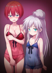 2girls amate_yuzuriha babydoll blue_babydoll blue_eyes breasts collarbone cowboy_shot deux_murasame embarrassed flat_chest freckles gundam gundam_gquuuuuux highres large_breasts long_hair looking_at_viewer multiple_girls prostitution red_babydoll red_hair ryusei2u see-through_babydoll see-through_clothes short_hair white_hair