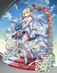 1girl altar arch bare_shoulders blonde_hair blue_flower bouquet bridal_veil bride brown_dust_(series) brown_dust_2 cloud cloudy_sky dress floral_arch floral_print flower frilled_thigh_strap full_body high_heels highres hobak holding holding_bouquet justia_(brown_dust) rose see-through_clothes see-through_veil short_hair sky small_horns solo stairs strapless strapless_dress thigh_strap veil wedding_dress white_veil