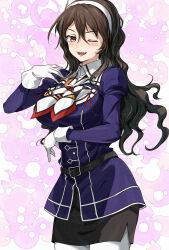 1girl ascot ashigara_(kancolle) ashigara_kai_ni_(kancolle) blush breasts brown_eyes brown_hair fake_horns fang gloves gradient_background hair_between_eyes hairband highres horned_headwear horns jacket kanmiya_shinobu kantai_collection large_breasts long_hair long_sleeves looking_at_viewer military military_uniform multicolored_ascot multicolored_neckerchief neckerchief one_eye_closed open_mouth pantyhose pencil_skirt pink_background print_neckerchief purple_jacket skirt smile solo wavy_hair white_gloves white_hairband white_pantyhose