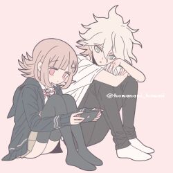 1boy 1girl black_jacket black_thighhighs brown_hair collared_shirt danganronpa_(series) danganronpa_2:_goodbye_despair flipped_hair galaga grey_background hair_ornament handheld_game_console holding holding_handheld_game_console jacket komaeda_nagito komanami_kawaii medium_hair nanami_chiaki neck_ribbon no_jacket open_clothes open_jacket pink_eyes pink_ribbon playing_games ribbon shirt short_sleeves simple_background thighhighs white_hair white_shirt