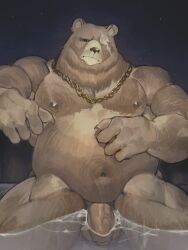 1boy bara bare_pectorals belly ben_bigger biceps brown_fur chain chain_necklace claws closed_eyes commentary completely_nude english_commentary flaccid furry furry_male highres in_water jewelry looking_at_viewer male_focus navel necklace nipples notched_ear nude pectorals penis plump scar scar_across_eye scar_on_face sitting testicles zahendd zenless_zone_zero
