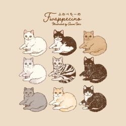 absurdres animal animal_focus black_cat brown_background brown_cat cat commentary_request fwappecino grey_cat highres no_humans original persian_cat simple_background tabby_cat tuxedo_cat white_cat yellow_cat