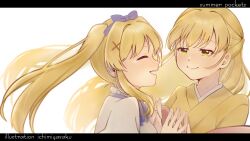2girls :d ^_^ artist_name blonde_hair blue_bow blue_ribbon blush bow closed_eyes closed_mouth commentary copyright_name dual_persona facing_another floating_hair green_eyes hair_between_eyes hair_bow hair_intakes hair_ornament hair_ribbon half_updo hands_up happy happy_tears highres holding_hands ichimiyasakutto japanese_clothes kimono long_hair looking_at_another multiple_girls official_alternate_costume open_mouth ribbon shirt sidelocks simple_background smile split_mouth spoilers steepled_fingers straight_hair summer_pockets tears teeth tsumugi_wenders twintails upper_teeth_only very_long_hair white_background white_shirt x_hair_ornament yellow_kimono