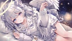 1girl :d absurdres angel bare_legs blue_eyes breasts collarbone dress feet_out_of_frame halo hasumi_yuno heterochromia highres horns indie_virtual_youtuber indoors kouyafu large_breasts long_hair long_sleeves looking_at_viewer lying on_side open_mouth pillow purple_eyes sleeves_past_wrists smile solo very_long_hair white_hair white_wings wings