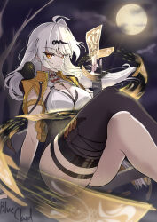 1girl absurdres animal animal_on_shoulder bird bird_on_shoulder black_bra black_gloves black_thighhighs bluecloud137 bra elbow_gloves fingerless_gloves full_moon gloves highres holding holding_paper looking_at_viewer moon paper shirt solo thigh_strap thighhighs underwear white_hair white_shirt yellow_eyes yixuan_(zenless_zone_zero) zenless_zone_zero