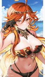 1girl ahoge bare_shoulders beach bikini black_bikini black_gloves blue_sky bracelet breasts cleavage collarbone detached_collar earrings eyewear_on_head genshin_impact gloves highres jewelry large_breasts long_hair looking_at_viewer mavuika_(genshin_impact) navel red_eyes red_hair seiru_(prairie) shore sky smile solo sunglasses swimsuit