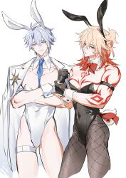 Rule 34 | 1boy, animal ears, antenna hair, armband, black choker, black leotard, black necktie, blonde hair, blue eyes, blue necktie, blush, chinese commentary, choker, coat, coat on shoulders, commentary request, crossed arms, detached collar, fake animal ears, fake tail, fishnet pantyhose, fishnets, hair between eyes, highres, honkai: star rail, honkai (series), large pectorals, leotard, looking at viewer, male focus, male playboy bunny, mydei (honkai: star rail), neck tattoo, necktie, pantyhose, pectoral cleavage, pectorals, phainon (honkai: star rail), playboy bunny, qinnye, rabbit ears, rabbit tail, red ribbon, ribbon, short hair, simple background, solo, strapless, strapless leotard, tail, tattoo, thigh strap, toned, toned male, white background, white coat, white hair, white leotard, wrist cuffs, yellow eyes
