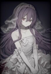 1girl absurdres bare_shoulders black_background blood blood_on_clothes bow bridal_veil bride closed_mouth collarbone commentary cross cross_necklace dress elbow_gloves english_commentary gloves highres hinomiya_shiyou_(ly05yy) jewelry long_hair looking_at_viewer necklace original purple_hair red_eyes solo strapless strapless_dress tiara upper_body veil very_long_hair wedding_dress white_bow white_dress white_gloves