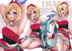 arm_wrap armpits blonde_hair blue_eyes game_freak gen_4_pokemon glaceon hairband highres irida_(pokemon) jewelry kamaniki knees neck_ring nintendo pokemon pokemon_(creature) pokemon_legends:_arceus red_hairband red_shirt shirt shorts strapless strapless_shirt waist_cape white_shorts