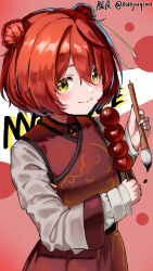 1girl absurdres alternate_costume alternate_hairstyle blush chinese_clothes chinese_commentary closed_mouth commentary_request dango double_bun food hair_bun highres holding holding_skewer jyuunen-kun komari_chika long_sleeves looking_at_viewer make_heroine_ga_oo_sugiru! orange_eyes paintbrush red_hair short_hair skewer solo twitter_username wagashi