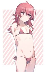 1girl ahoge arms_behind_back bikini closed_mouth cowboy_shot crossed_bangs flat_chest hair_between_eyes idolmaster idolmaster_shiny_colors komiya_kaho loli long_hair navel red_bikini red_eyes red_hair rezomi_zore side-tie_bikini_bottom solo standing string_bikini swimsuit