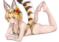 1girl alternate_costume animal_ear_fluff animal_ears ass bare_legs barefoot bikini blonde_hair breasts cat_ears cat_girl cat_tail cleavage closed_mouth commentary_request dot_nose extra_ears feet flower full_body gold_bikini hair_between_eyes hair_flower hair_ornament kemono_friends legs_up looking_at_viewer lying medium_breasts on_stomach serval_(kemono_friends) short_hair simple_background solo swimsuit tail tail_raised tanabe_(fueisei) thighs toes white_background yellow_eyes