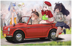 4girls animal_ears bare_shoulders beret bike_shorts_under_skirt black_choker black_hair black_shorts black_socks black_trim blue_eyes blue_hair blue_skirt blush braid brown_eyes brown_hair brown_hat brown_shirt brown_thoroughbred_(kemono_friends) car casual chestnut_thoroughbred_(kemono_friends) choker collared_shirt ears_through_headwear extra_ears food frilled_shirt frilled_skirt frills glasses gyokuryu_(kemono_friends) hair_between_eyes hair_over_one_eye hat headgear high-waist_skirt highres horse_ears horse_girl horse_tail horseshoe_hat_ornament japari_bun japari_symbol kemono_friends kemono_friends_3 long_hair long_sleeves motor_vehicle multicolored_hair multiple_girls official_alternate_costume plaid_clothes plaid_skirt pleated_skirt ponytail puffy_sleeves red_hat red_shirt red_skirt running shirt shoes shorts sidelocks skirt sneakers socks speech_bubble sweatdrop tail thought_bubble toriny twin_braids two-tone_hair white_hair white_shirt white_skirt white_thoroughbred_(kemono_friends) yellow_skirt
