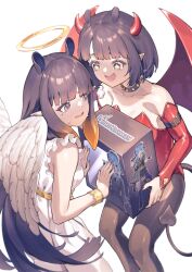 +_+ 2girls absurdres angel_and_devil angel_wings blunt_bangs box bracelet collar demon_horns demon_tail demon_wings detached_sleeves fang figure halo highres holding holding_box hololive hololive_english horns hoshimachi_suisei jewelry latex latex_leotard leotard long_hair multiple_girls ninomae_ina&#039;nis open_mouth pantyhose pointy_ears purple_eyes purple_hair short_hair skin_fang spiked_collar spikes tail tentacle_hair very_long_hair wings zetsuental
