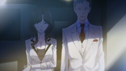1boy 1girl arm_under_breasts black_hair black_shirt black_trim blue_shirt bracelet breast_pocket breasts brown_eyes brown_hair brown_vest business_suit buttons cleavage collarbone collared_shirt dim_lighting earrings formal_clothes fukuda_tomonori game_cg grey_jacket hair_over_shoulder highres indoors jacket jewelry lapels large_breasts lipstick long_hair long_sleeves makeup mature_female multicolored_hair necklace necktie non-web_source notched_lapels official_art open_mouth orange_eyes parted_bangs pendant_earring pocket polka_dot_necktie red_lips red_necktie robotics;notes sawada_toshiyuki senomiya_misaki shiny_lips shirt solo suit suit_jacket sunlight talking three-quarter_sleeves tongue vest white_hair window_light