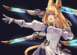 1girl animal_ear_fluff animal_ears breasts buttons chain facial_mark final_fantasy final_fantasy_xiv gloves glowing green_eyes hair_between_eyes heterochromia highres juliet_sleeves lion_tail long_hair long_sleeves medium_breasts miqo&#039;te oji_(nyantyu081) open_mouth outstretched_arm puffy_sleeves purple_eyes sage_(final_fantasy) slit_pupils solo tail teeth whisker_markings white_gloves wolf_ears