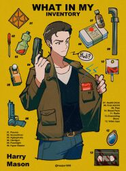 Rule 34 | 1boy, artist name, black shirt, brown hair, gun, haejeo1008, handgun, harry mason, highres, holding, holding gun, holding weapon, jacket, lead pipe, male focus, open clothes, open jacket, screwdriver, shirt, signature, silent hill (series), silent hill 1, twitter username, weapon