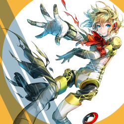 1girl aigis_(persona) android armband ascot blonde_hair blue_eyes emblem gold_trim hairband joints leaning_to_the_side nakbe orange_background outstretched_arm outstretched_hand persona persona_3 red_armband red_ascot robot_joints short_hair simple_background smile solo third-party_source white_background