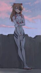 1girl against_wall blue_eyes bodysuit boots bracelet breasts brown_hair closed_mouth cloud commentary covered_navel crossed_ankles curled_fingers double-parted_bangs drawpile_(medium) english_commentary evangelion:_3.0+1.0_thrice_upon_a_time eyepatch frown full_body furrowed_brow glaring gloves hair_between_eyes hair_ornament half-closed_eyes high_collar highres holding_own_arm interface_headset_(evangelion) jewelry leaning_back long_eyelashes long_hair looking_at_viewer mecha_pilot_suit narrowed_eyes neon_genesis_evangelion one-eyed outdoors plugsuit_(evangelion) rebuild_of_evangelion red_trim sidelocks sketch skin_tight sky small_breasts solo souryuu_asuka_langley standing straight-on thick_eyelashes thighs two_side_up v-shaped_eyebrows vertigris white_bodysuit white_boots white_gloves