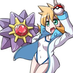 1girl covered_navel eyelashes gen_1_pokemon green_eyes gym_leader hanya_(hanya_yashiki) holding holding_poke_ball jacket lowres misty_(pokemon) nintendo one-piece_swimsuit open_clothes open_jacket open_mouth poke_ball poke_ball_(basic) pokemon pokemon_(creature) pokemon_hgss short_hair smile starmie swimsuit water white_one-piece_swimsuit