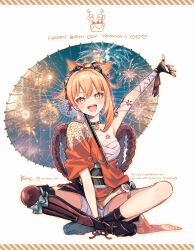 1girl arm_tattoo arm_up asymmetrical_legwear bandaged_arm bandaged_leg bandages black_socks black_thighhighs blonde_hair character_name chest_sarashi fireworks full_body genshin_impact hand_wraps happy_birthday japanese_clothes kneehighs medium_hair open_mouth sandals sarashi simple_background sitting smile socks solo tabi tamaya_yoi tattoo teeth thighhighs uneven_legwear white_background yellow_eyes yoimiya_(genshin_impact)