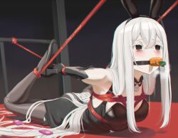 1girl absurdres animal_ears arms_behind_back bare_shoulders bdsm black_dress black_eyes black_gloves black_leotard black_pantyhose blush bondage bound breast_bondage breasts cailin020 crying crying_with_eyes_open detached_collar dress drooling echidna_(re:zero) egg_vibrator elbow_gloves fake_animal_ears food_gag gag gloves high_heels highres hogtie leotard long_hair looking_to_the_side lying on_stomach pantyhose playboy_bunny re:zero_kara_hajimeru_isekai_seikatsu restrained sex_toy shibari shibari_over_clothes small_breasts solo tears very_long_hair vibrator white_hair