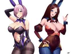 2girls animal_ears ascot bare_shoulders black_leotard blue_eyes blue_pantyhose blush breasts brooch brown_hair brown_leotard brown_pantyhose cleavage cleavage_cutout clothing_cutout covered_navel detached_sleeves elbow_gloves fake_animal_ears fate/grand_order fate_(series) forehead gloves hair_over_one_eye highleg highleg_leotard highres jewelry kurozawa_yui large_breasts leonardo_da_vinci_(fate) leotard light_purple_hair long_hair looking_at_viewer mash_kyrielight multiple_girls nail_polish navel navel_cutout open_mouth pantyhose parted_bangs playboy_bunny puff_and_slash_sleeves puffy_sleeves purple_eyes purple_gloves rabbit_ears short_hair smile thighband_pantyhose thighs wrist_cuffs
