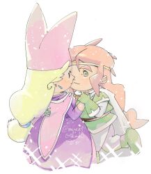 1boy 1girl blonde_hair blue_eyes blush bright_pupils cape dancing dress earrings eye_contact gloves green_eyes green_gloves green_shirt green_shoes hand_on_another&#039;s_back hand_up hat highres holding_hands jewelry long_dress long_hair looking_at_another mushi_(musi9_oekaki) narcia orange_hair pants pietro_pakapuka pink_dress pink_hat popolocrois_monogatari_2 purple_dress shirt shoes sidelocks standing standing_on_one_leg thick_eyebrows twitter_username white_cape white_pants white_pupils