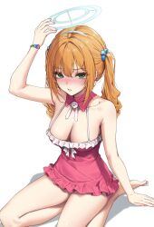 1girl absurdres alice_(wet.elephant) arm_up bare_shoulders barefoot blush bracelet breasts collar cube_hair_ornament dress drill_hair fake_halo frilled_dress frills frown green_eyes hair_between_eyes hair_ornament halo halter_dress halterneck highres jewelry long_hair looking_at_viewer medium_breasts nose_blush orange_hair original parted_lips pink_collar pink_dress short_dress sitting solo thighs twin_drills wet.elephant white_background