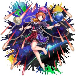 1girl bare_legs barefoot black_shirt blonde_hair blue_hair chain choker closed_mouth clothes_writing earth_(ornament) earth_(planet) frilled_skirt frills full_body game_cg gold_chain hecatia_lapislazuli highres light_smile looking_at_viewer midriff_peek moon_(ornament) multicolored_hair multicolored_skirt navel off-shoulder_shirt off_shoulder official_art plaid_clothes plaid_skirt planet red_eyes red_hair rotte_(1109) shirt skirt solo space t-shirt third-party_source toes touhou touhou_lostword transparent_background underworld_(ornament)